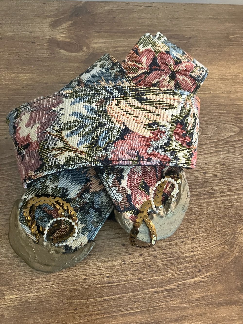 Hand Crafted Floral Tapestry Belt in Pink, Blue, Green and Gold